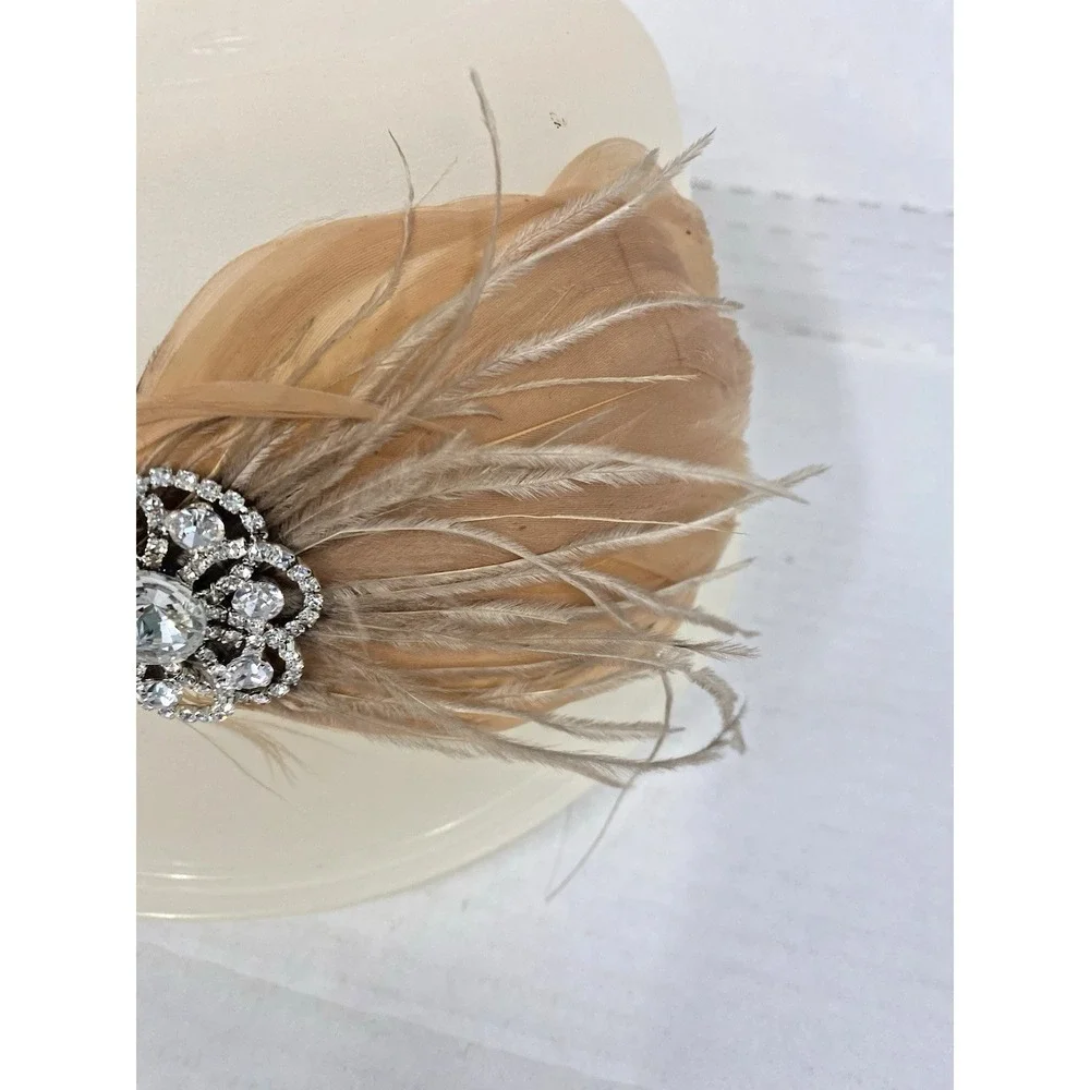 1920s womens head band piece elastic PEACH RHINESTONES costume feathers